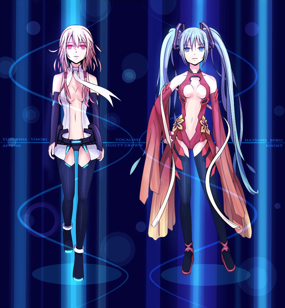 aqua_eyes, aqua_hair, bad_id, breasts, cleavage, cosplay, costume_switch, detached_sleeves, elbow_gloves, gloves, guilty_crown, hatsune_miku, hatsune_miku_(append), langjiao, long_hair, miku_append, miku_append_(cosplay), multiple_girls, navel, necktie, pink_hair, red_eyes, twintails, very_long_hair, vocaloid, vocaloid_append, yuzuriha_inori, yuzuriha_inori_(cosplay)
