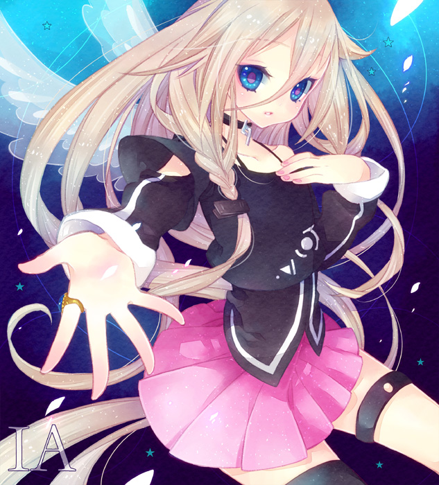 bad_id, blonde_hair, blue_eyes, fuyu_mochi, ia_(vocaloid), long_hair, off_shoulder, skirt, solo, very_long_hair, vocaloid, wings