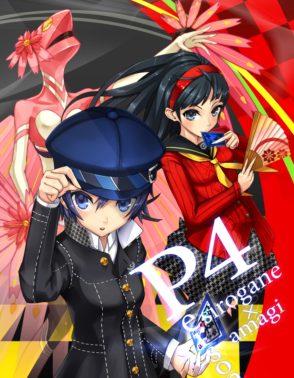 :o, amagi_yukiko, black_hair, blue_eyes, blue_hair, cabbie_hat, card, cover
