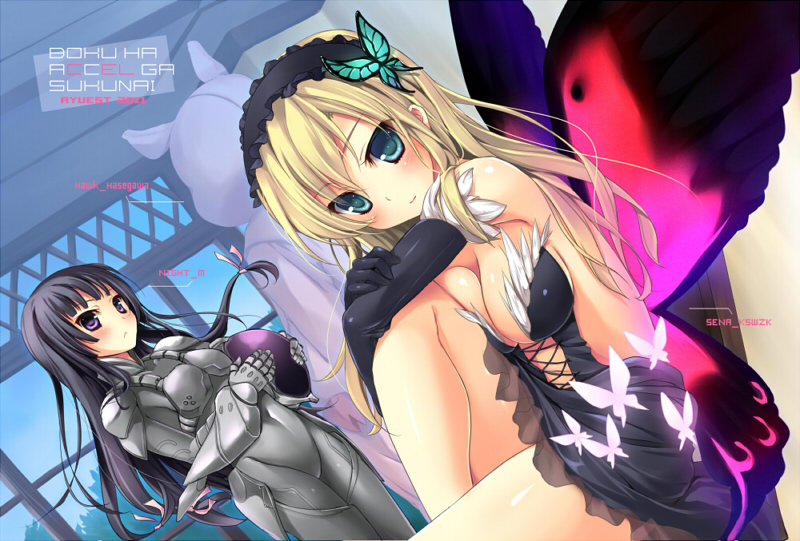 accel_world, armor, bankoku_ayuya, bare_shoulders, black_hair, blonde_hair, blue_eyes, blush