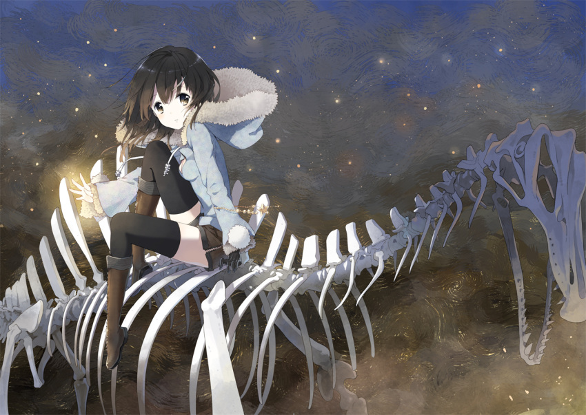 black_legwear, boots, brown_eyes, brown_hair, dinosaur, fossil, hoodie, jacket, long_hair, original, shorts, single_glove, sitting, solo, thigh-highs, thighhighs, tiv