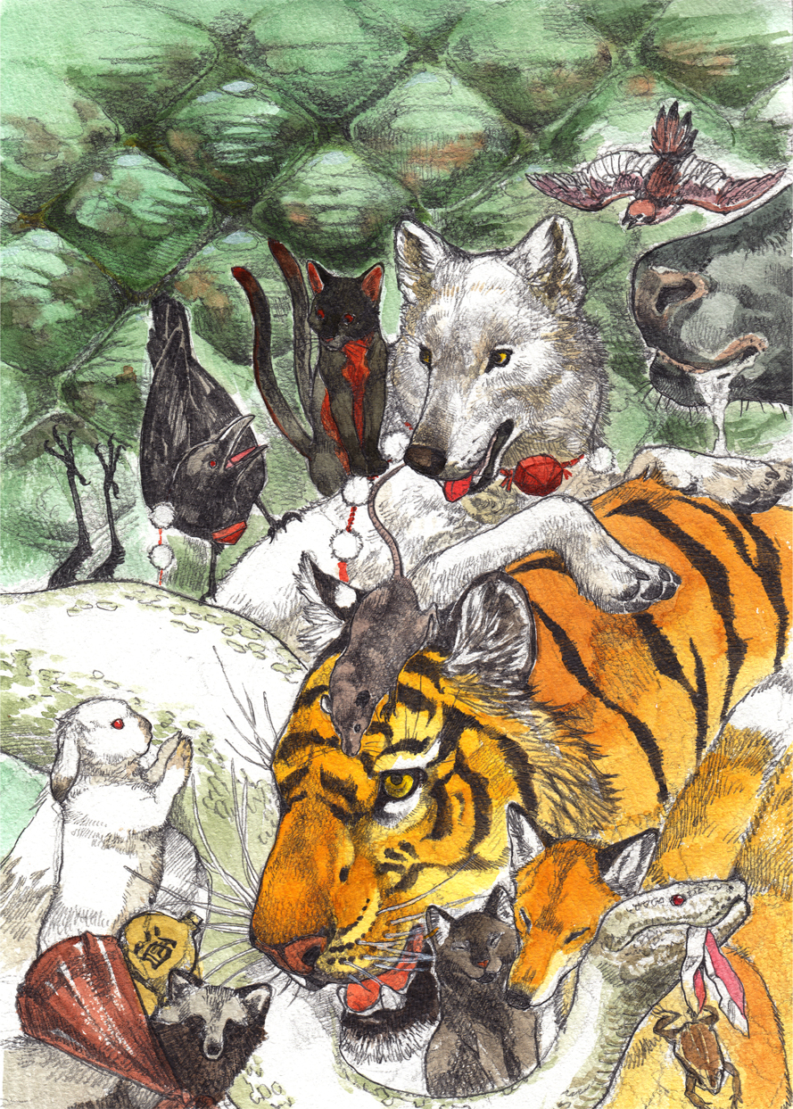 animalization, bird, bunny, cat, chen, chen_(cat), cow, crow, dragon_god, fox, frog, futatsuiwa_mamizou, futatsuiwa_mamizou_(tanuki), gourd, hat, highres, himekaidou_hatate, himekaidou_hatate_(crow), hong_meiling, hong_meiling_(dragon), inaba_tewi, inaba_tewi_(bunny), inubashiri_momiji, inubashiri_momiji_(wolf), kaenbyou_rin, kaenbyou_rin_(cat), kamishirasawa_keine, kobushi, moriya_suwako, moriya_suwako_(frog), mouse, mystia_lorelei, mystia_lorelei_(bird), nazrin, nazrin_(mouse), no_humans, realistic, reisen_udongein_inaba, reisen_udongein_inaba_(bunny), shameimaru_aya, shameimaru_aya_(crow), snake, sparrow, tanuki, tiger, tokin_hat, toramaru_shou, toramaru_shou_(tiger), touhou, traditional_media, wolf, yakumo_ran, yakumo_ran_(fox), yakumo_yukari, yasaka_kanako, yasaka_kanako_(snake), youkai