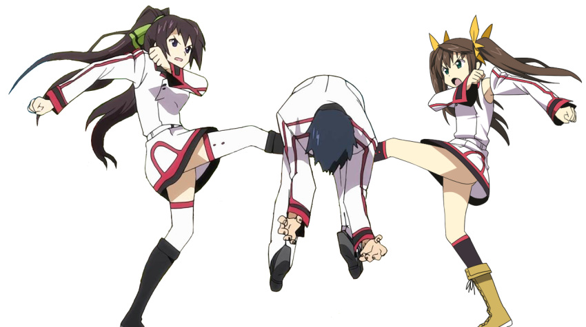 angry, black_hair, blue_eyes, boots, brown_hair, green_eyes, groin_attack, groin_kick