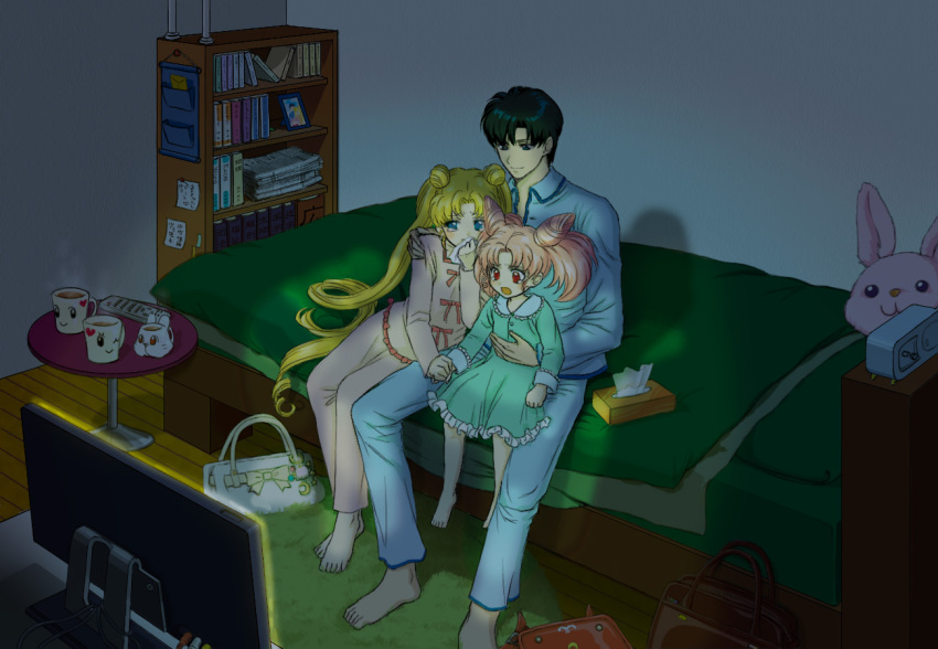 barefoot, bed, bishoujo_senshi_sailor_moon, chiba_mamoru, chibi_usa, child, controller, cup