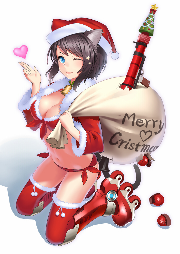 animal_ears, bazooka, bell, bikini, blue_eyes, blush, boots, breasts