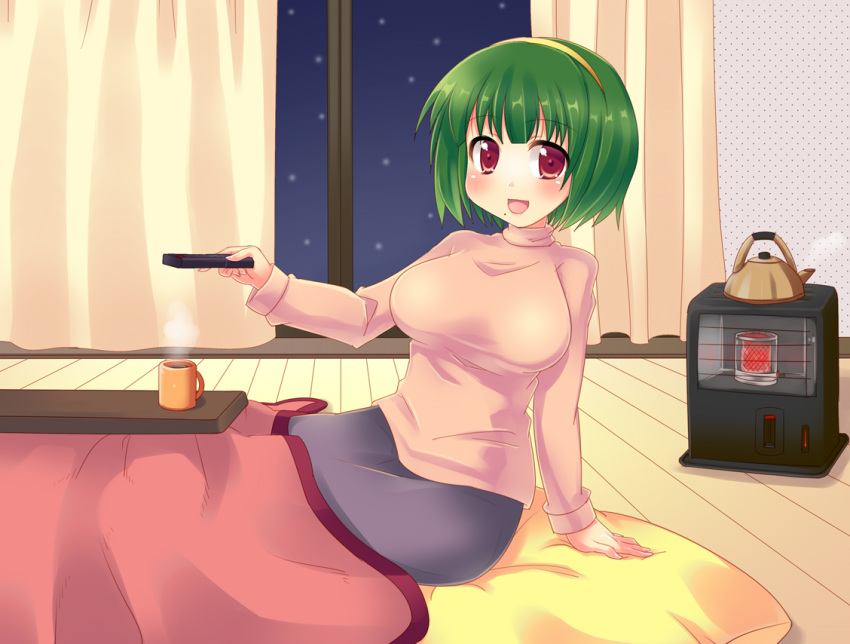 breasts, cup, green_hair, hairband, idolmaster, kotatsu, mole, otonashi_kotori