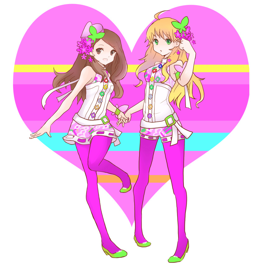 ahoge, blonde_hair, brown_hair, heart, high_heels, highres, hoshii_miki, idolmaster