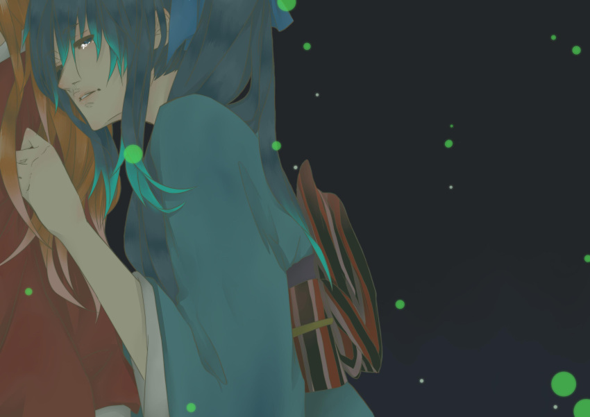 couple, escort!, highres, himura_kenshin, japanese_clothes, kamiya_kaoru, kimono, light_particles, long_hair, night, ponytail, rurouni_kenshin, tears