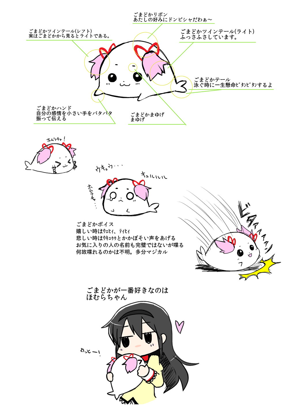 >_<, akemi_homura, animalization, comic, dental, gomadoka, hair_ribbon, hairband, highres, kaname_madoka, long_hair, mahou_shoujo_madoka_magica, o_o, ribbon, school_uniform, seal, short_twintails, translated, translation_request, twintails