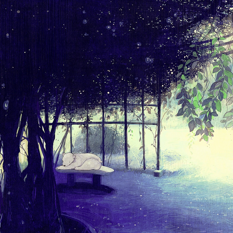 bear, bench, bush, leaf, nomiya, nomiya_(no_38), original, rain