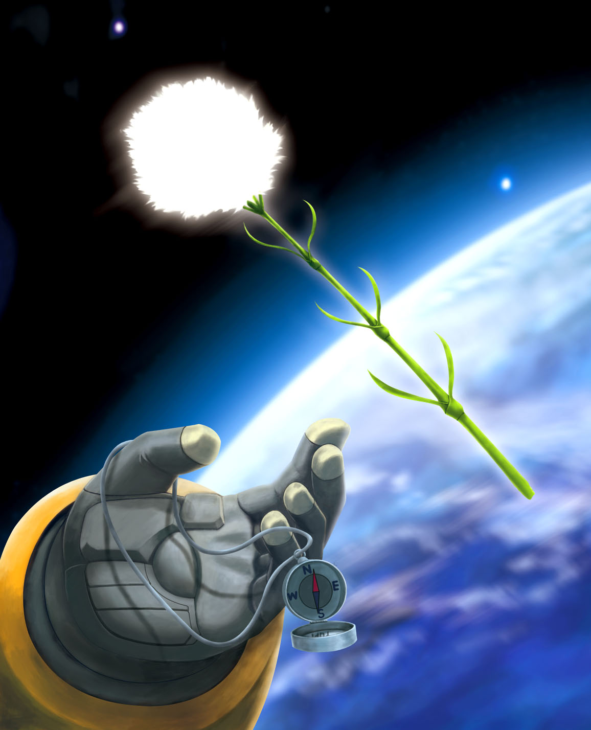 earth, flower, gloves, hands, highres, hiro_(hibikigaro), planetes, science_fiction, solo, space, spacesuit, star, yuri_mihairokov, zero_gravity