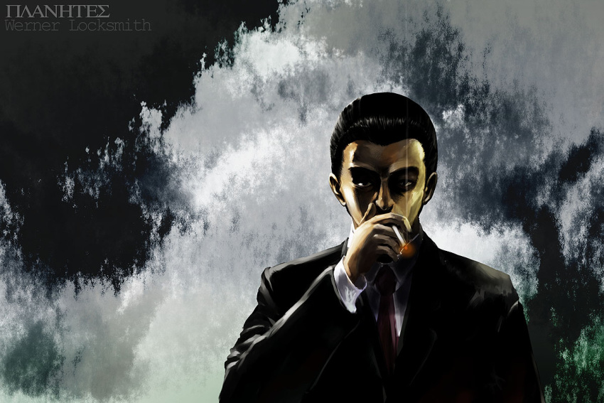 black_eyes, black_hair, cigarette, cloud, dark, data_(remmings_nest), expressionless, formal