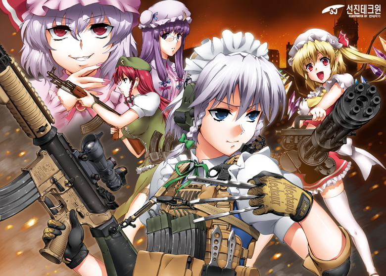 acog, ak-47, ar-15, assault_rifle, beret, blonde_hair, blue_eyes, braid