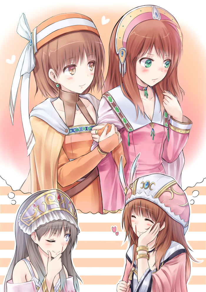 4girls, ^_^, adjusting_hair, ahoge, arm_hug, atelier_(series), atelier_elie_alchemist_of_salburg_2, atelier_rorona