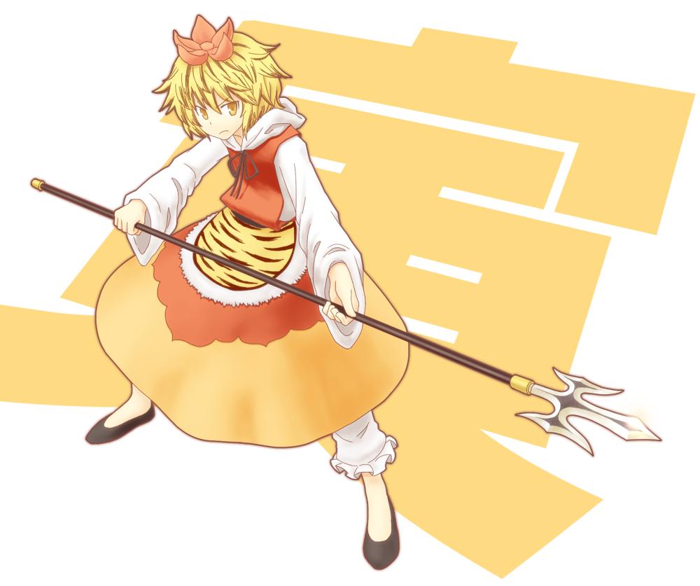 black_hair, blonde_hair, character_name, fighting_stance, flats, frown, hair_ornament, hoodie