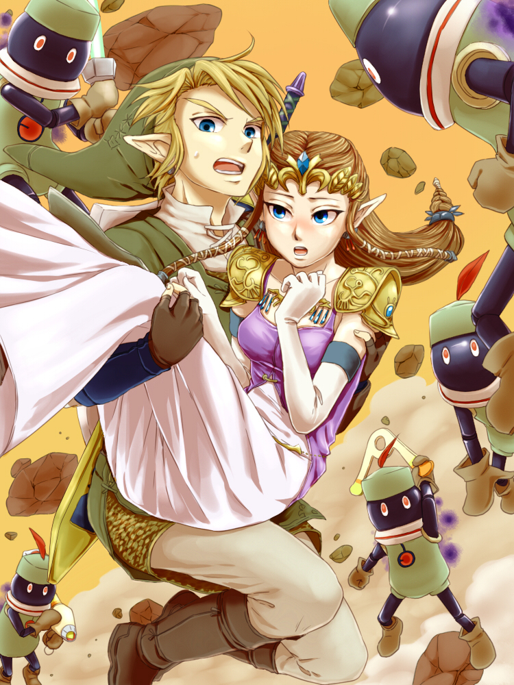 blonde_hair, blue_eyes, boomerang, brown_hair, carrying, earrings, elf, gloves