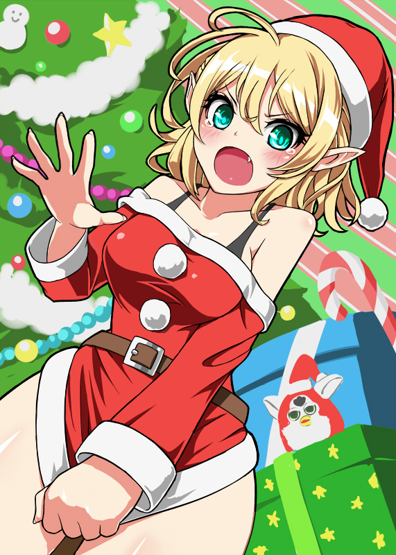 alternate_costume, alternate_eye_color, bare_shoulders, belt, blonde_hair, blue_eyes, blush, box