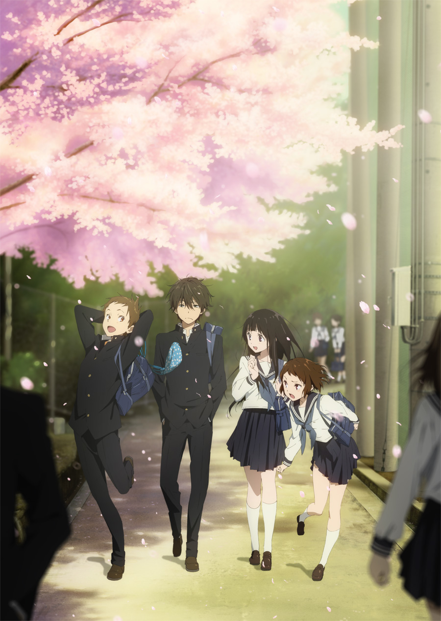 2girls, bag, black_hair, brown_hair, cherry_blossoms, chitanda_eru, fukube_satoshi, gakuran