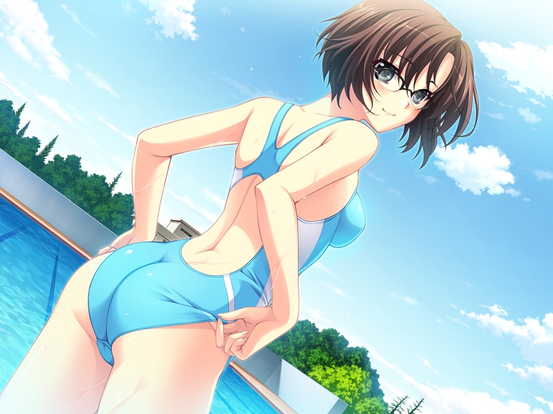 1girl, adjusting_swimsuit, aneiro, ass, black_eyes, blush, brown_hair, competition_swimsuit