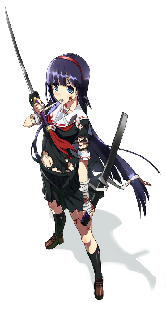 bandage, bandages, biting, black_hair, black_legwear, bleeding, blood, blue_eyes