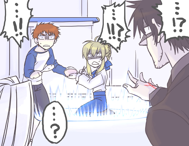 !?, ?, black_hair, blonde_hair, chopsticks, eating, emiya_kiritsugu, emiya_shirou, facial_hair, fate/stay_night, fate/zero, fate_(series), food, irisviel_von_einzbern, long_hair, pantyhose, red_hair, redhead, ribbon, rice, saber, stubble, summoning, takaomiichiki, time_paradox, white_hair