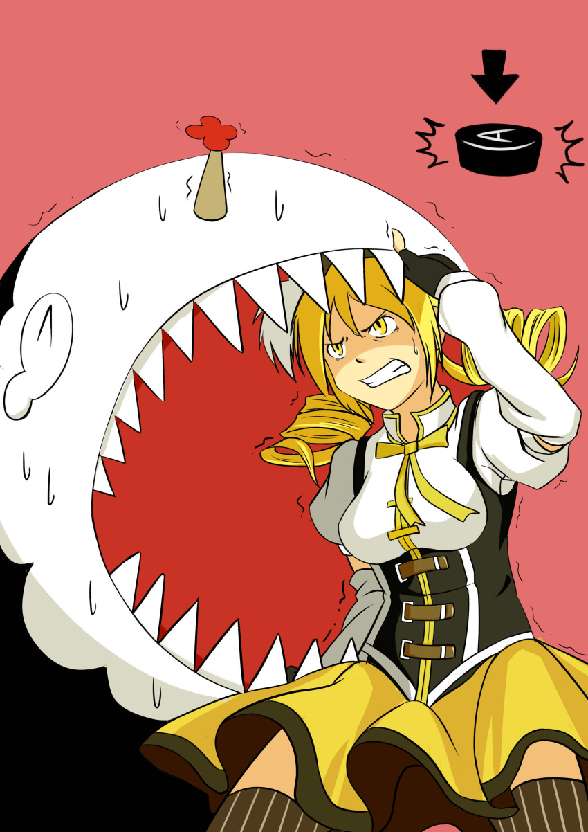 charlotte_(madoka_magica), fake_screenshot, fighting, highres, magical_girl, mahou_shoujo_madoka_magica, mami_mogu_mogu, quick_time_event, sweat, tears, tomoe_mami
