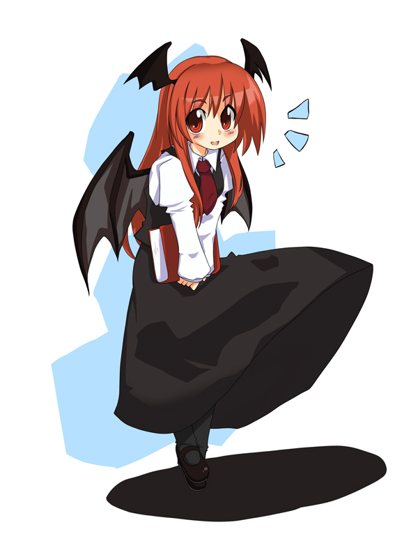1girl, :d, bat_wings, blush, book, demon_wings, dress_shirt, gin_(shioyude)