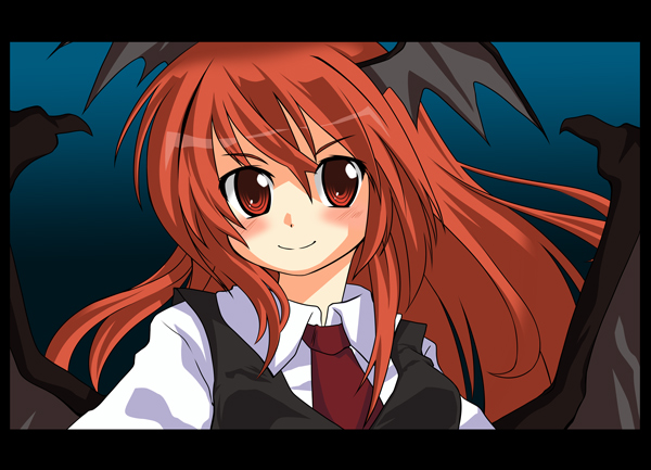 >:), bat_wings, blush, demon_wings, dress_shirt, gin_(shioyude), gradient, gradient_background