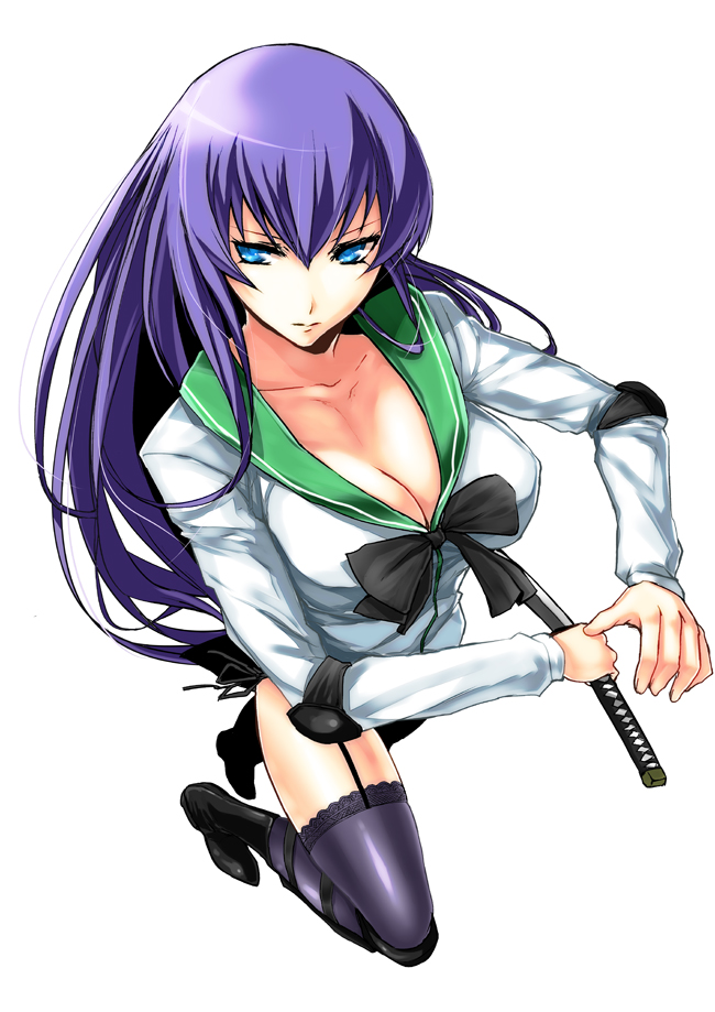 bad_id, blue_eyes, boots, breasts, busujima_saeko, cleavage, collarbone, erobouzu