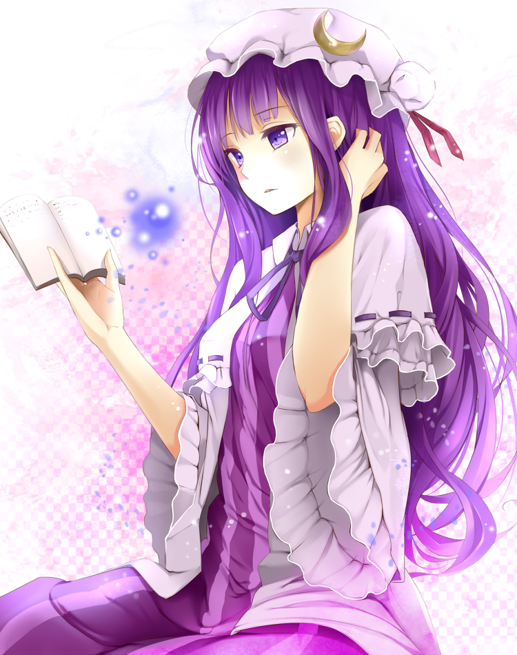 book, checkered, checkered_background, crescent, frills, hat, holding, holding_book