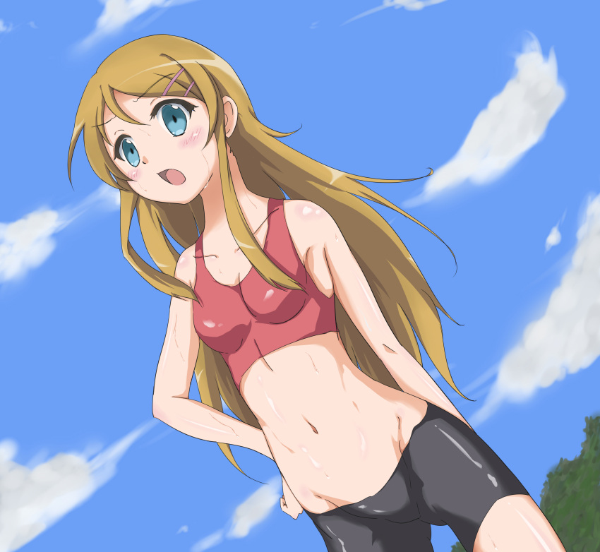 bike_shorts, black_hair, blue_eyes, blue_hair, brown_hair, chef, chigusa, dutch_angle, highres, kousaka_kirino, long_hair, mound_of_venus, ore_no_imouto_ga_konna_ni_kawaii_wake_ga_nai, sports_bra, sweat, sword, thigh-highs, thighhighs, weapon
