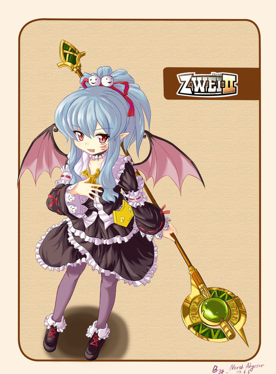 2009, alwen_du_moonbria, ascot, black_dress, blue_hair, bobby_socks, brown_background, dated, demon_wings, detached_collar, dress, falcom, footwear, frills, grey_legwear, highres, long_hair, north_abyssor, pantyhose, payot, pointy_ears, ponytail, red_eyes, shoes, signature, smile, socks, solo, staff, tattoo, title_drop, vampire, wings, zwei!!, zwei_2