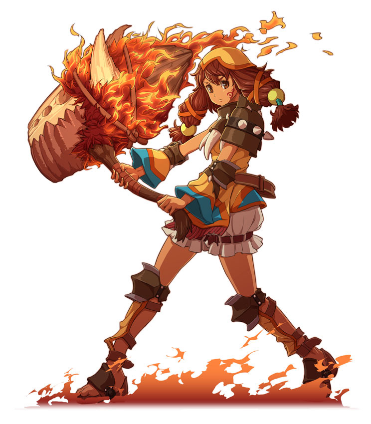 belt, bloomers, brown_eyes, crshe, detached_sleeves, falcom, fire, hammer, long_hair, low-tied_long_hair, michairu., orange_(color), red_hair, redhead, sandals, serious, short_hair, solo, tattoo, twintails, white_background, ys, ys_seven, ys_vii