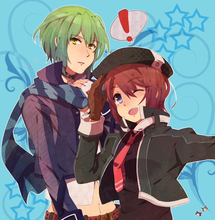 1girl, belt, beret, blue_background, blue_eyes, brown_hair, choker, coat