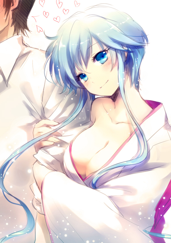 1girl, arm_holding, arm_hug, blue_eyes, blue_hair, blush, breasts, cleavage