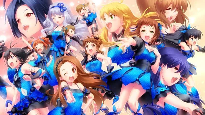 ahoge, akizuki_ritsuko, amami_haruka, antenna_hair, aqua_eyes, armpits, bare_shoulders, black_gloves, black_hair, black_legwear, blue, blue_dress, blush, bow, brown_eyes, brown_hair, character_request, closed_eyes, detached_sleeves, dress, earrings, elbow_gloves, everyone, eyes_closed, fang, floral_(idolmaster), futami_ami, futami_mami, ganaha_hibiki, glasses, gloves, green_eyes, hagiwara_yukiho, hair_bow, hairband, hand_holding, happy, highres, holding_hands, hoshii_miki, idolmaster, index_finger_raised, interlocked_fingers, jewelry, kikuchi_makoto, kisaragi_chihaya, long_hair, minase_iori, miura_azusa, multiple_girls, navel, open_mouth, outstretched_hand, pointing, polka_dot, polka_dot_dress, ponytail, pose, purple_eyes, raised_finger, red_eyes, shijou_takane, short_hair, siblings, side_ponytail, silver_hair, singing, single_glove, takatsuki_yayoi, teeth, thigh-highs, thighhighs, twins, twintails, violet_eyes, wallpaper, wink, zen