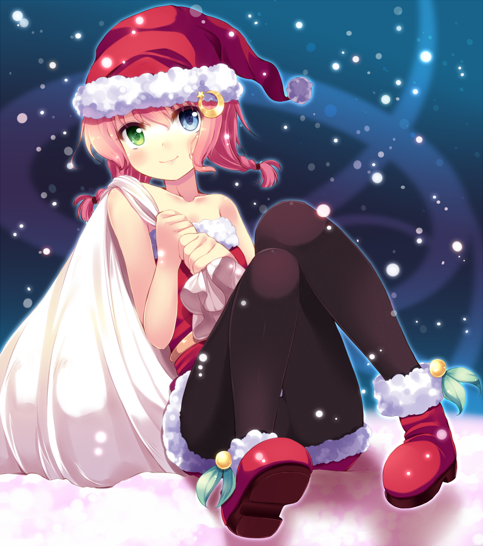 bad_id, bag, bare_shoulders, black_legwear, blue_eyes, blush, boots, braid