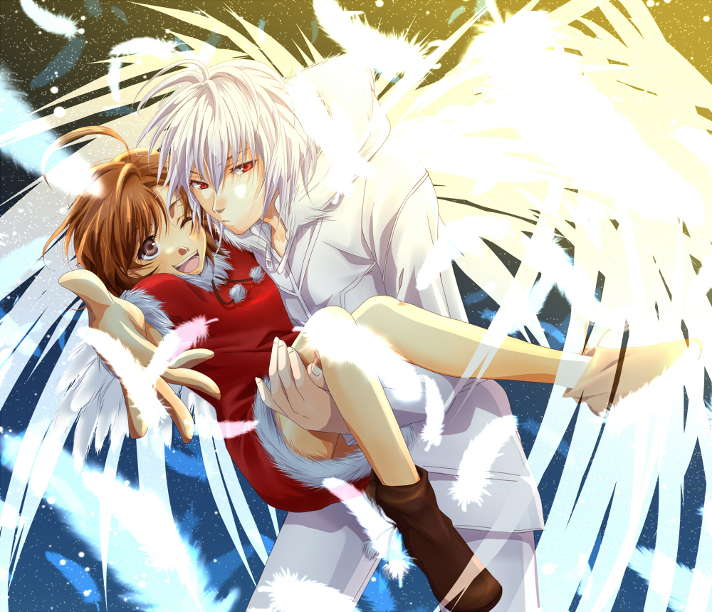 accelerator, ahoge, albino, brown_eyes, brown_hair, christmas, feathers, fujiwara_system