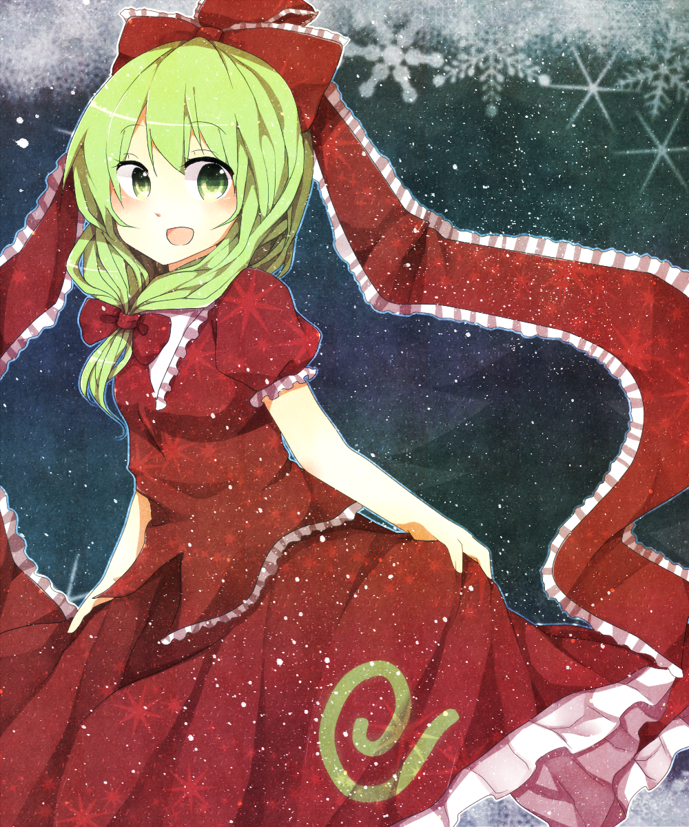 bow, dress, front_ponytail, green_eyes, green_hair, hair_bow, hair_ribbon, hanaon