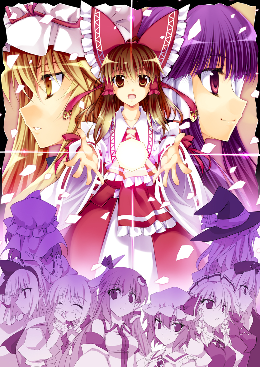 :d, ascot, blonde_hair, bow, braid, brown_hair, closed_eyes, foreshortening, frog, hair_bow, hair_tubes, hakurei_reimu, hakurei_reimu_(pc-98), hand_on_own_face, hat, headdress, horn, ibuki_suika, izayoi_sakuya, kirisame_marisa, kochiya_sanae, konpaku_youmu, long_hair, looking_at_viewer, minase, multiple_girls, nurse_cap, open_mouth, outstretched_arms, outstretched_hand, profile, purple_hair, red_eyes, remilia_scarlet, rumia, saigyouji_yuyuko, short_hair, smile, snake, touhou, touhou_(pc-98), twin_braids, wrist_cuffs, yagokoro_eirin, yakumo_yukari, yellow_eyes, youkai