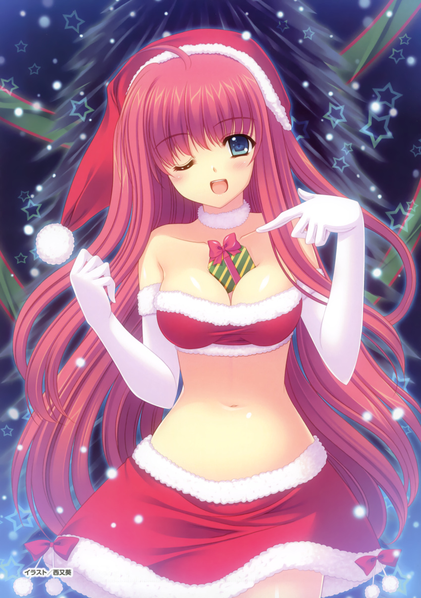 absurdres, ahoge, bare_shoulders, between_breasts, blue_eyes, blush, bow, breasts