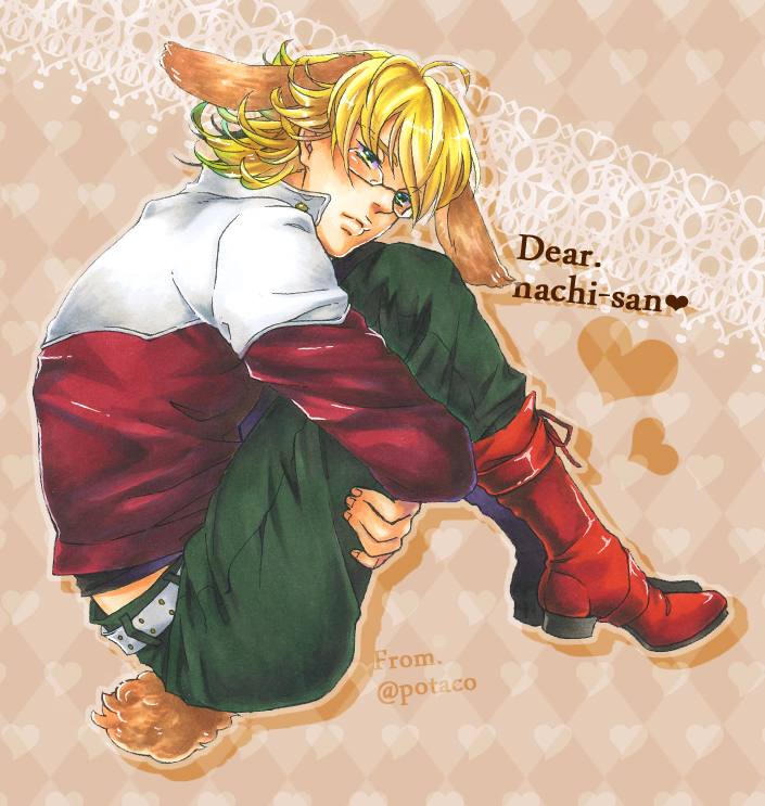 1boy, animal_ears, barnaby_brooks_jr, belt, blonde_hair, blush, boots, bunny_ears, bunny_tail, glasses, green_eyes, jacket, leg_hug, male, marker_(medium), neconeco22, red_jacket, short_hair, sitting, solo, studded_belt, tail, tiger_&amp;_bunny, traditional_media