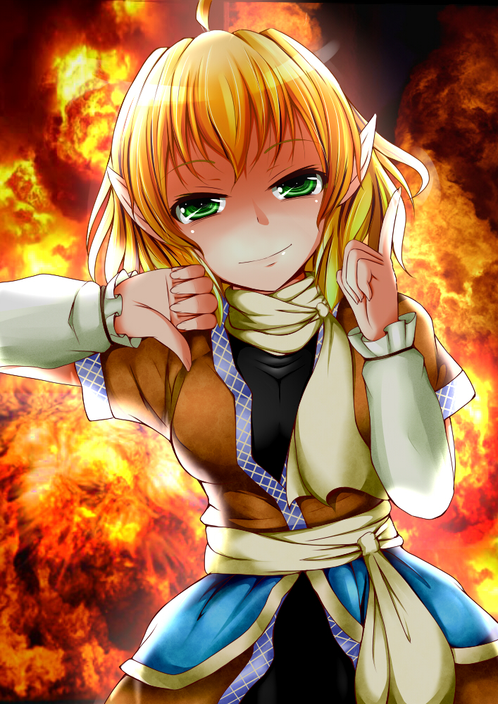 blonde_hair, breasts, dress, fire, green_eyes, grin, koza47322, mizuhashi_parsee