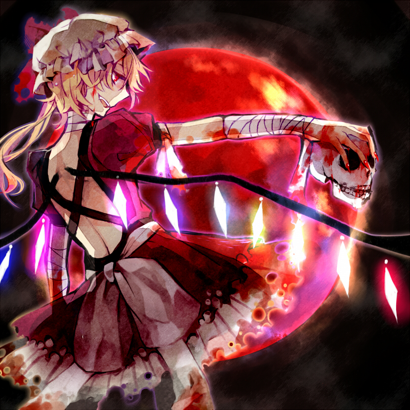 bandage, bandages, blood, fingernails, flandre_scarlet, from_behind, full_moon, hat