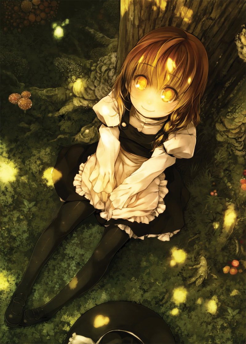 apron, black_legwear, blonde_hair, braid, chinchickrin, hat, hat_removed, headwear_removed