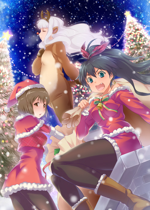 animal_costume, blue_eyes, boots, brown_hair, christmas, christmas_tree, don_michael, fang