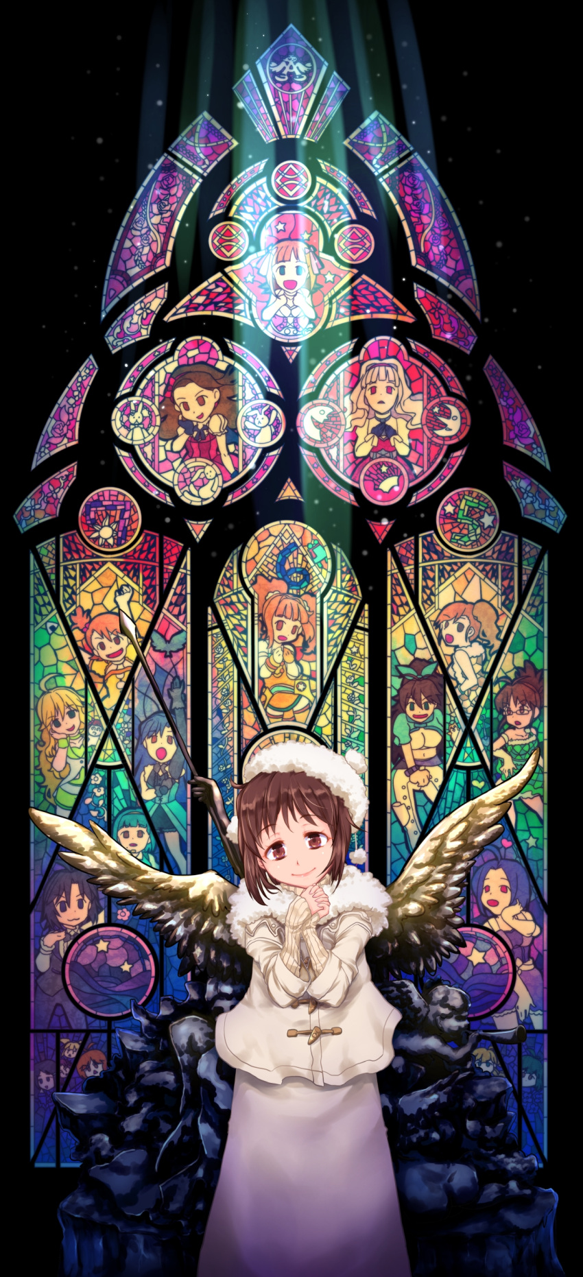 akizuki_ryou, amami_haruka, brown_eyes, brown_hair, cherub, colorful, dress, efyuru
