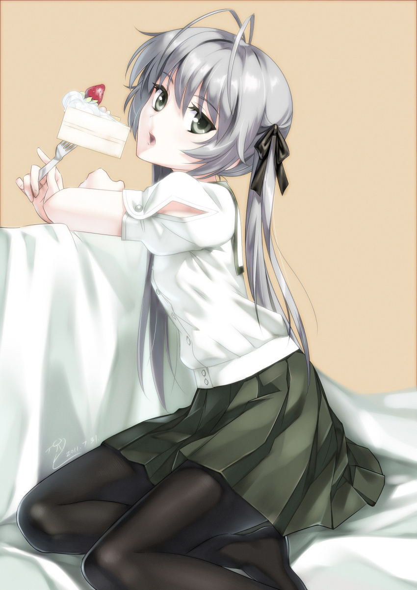 1girl, artist_request, black_legwear, black_ribbon, bloom, cake, eating, food, fork, green_eyes, hair_ribbon, highres, holding, holding_fork, kasugano_sora, legs, long_hair, looking_at_viewer, open_mouth, pantyhose, ribbon, sakyuu_(flandis), signature, silver_hair, sitting, skirt, solo, strawberry_shortcake, twintails, yosuga_no_sora