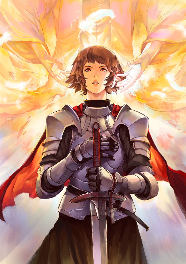 armor, armored_dress, brown_hair, cape, copyright_request, cross, feathers, hand_on_another's_chest, hand_on_another's_chest, hand_on_own_chest, jeanne_d'arc, jeanne_d'arc, patipat_asavasena, red_eyes, short_hair, solo, sword, weapon