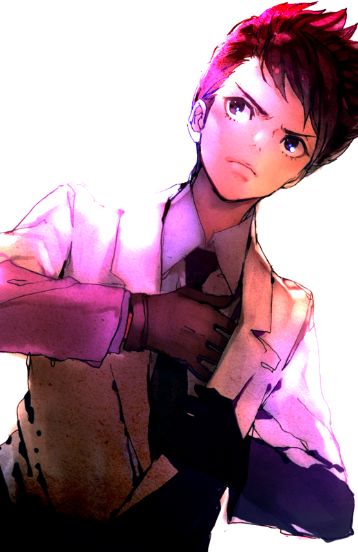adult, black_gloves, dutch_angle, formal, gloves, inazuma_eleven, inazuma_eleven_(series), inazuma_eleven_go, male, necktie, okura000, short_hair, solo, suit, utsunomiya_toramaru